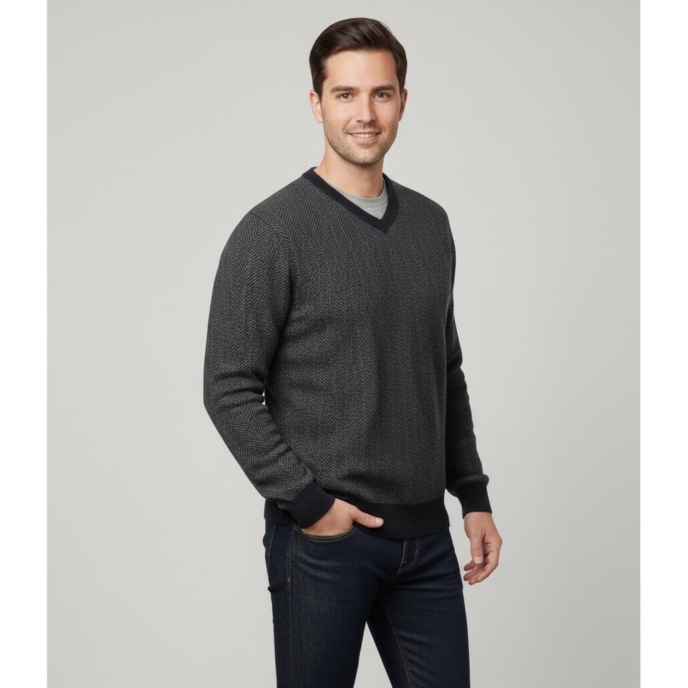 Daniel Cremieux Mens 100% Cashmere V-Neck Gray Black Herringbone Sweater Large